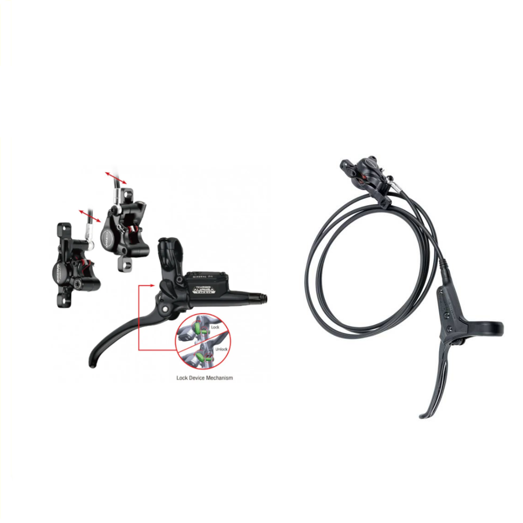 Tektro schijfrem set voor bakfiets HD-T525 rechts,  met 2 remklauwen en HD- T520 links 1 remkaluw en met handrem functie Geleverd zonder remschijven.