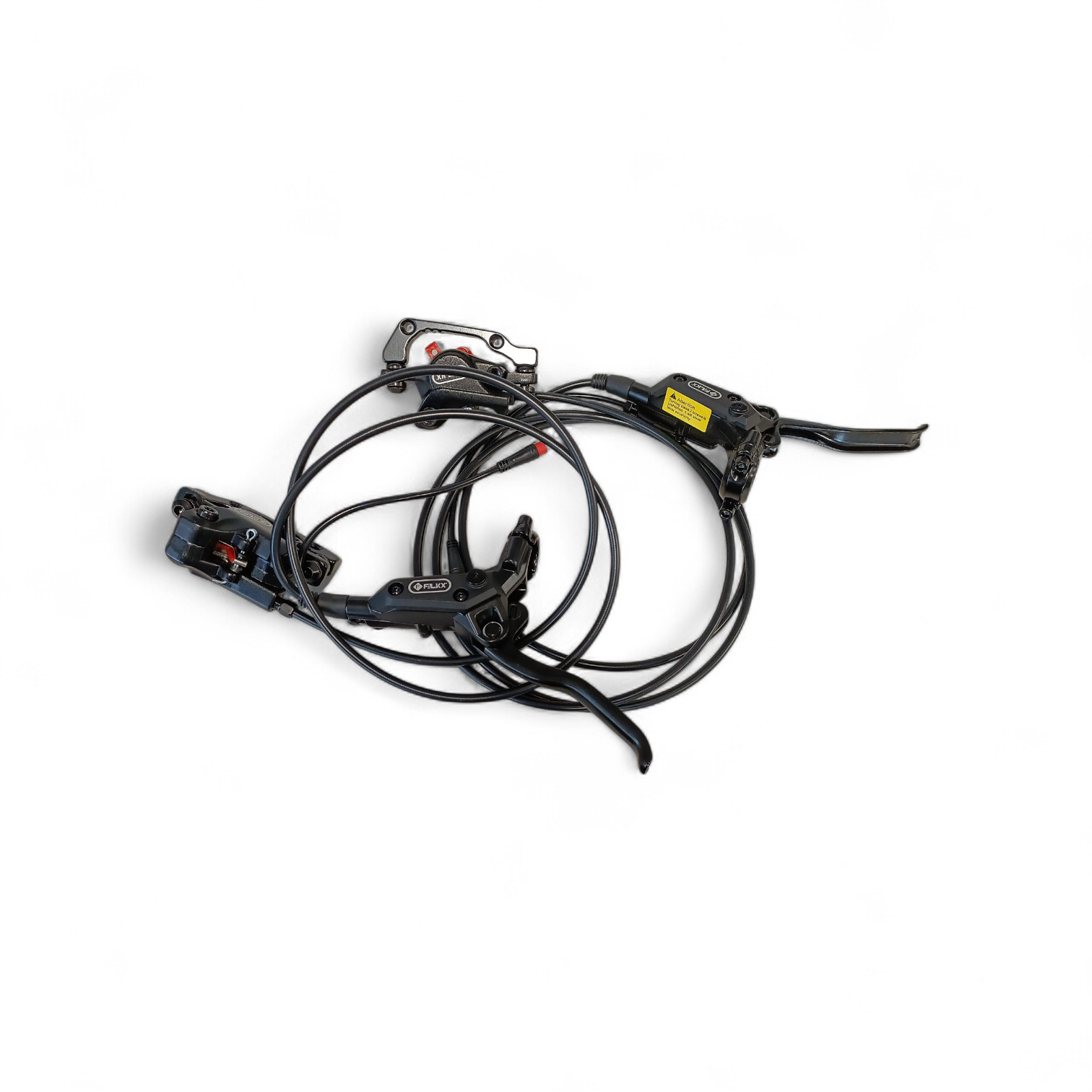 FALKX schijfrem set, rechts 1700mm en links 1000mm  kabellengte.
Met power cut-off oa voor Fatbike