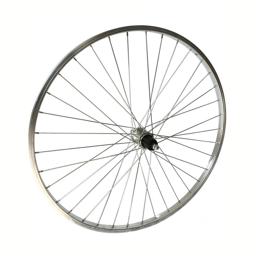 Achterwiel 28x1 5/8x1 3/8 aluminium velg zilver. vaste as, cassette naaf, 7/8 speed, spaak 14