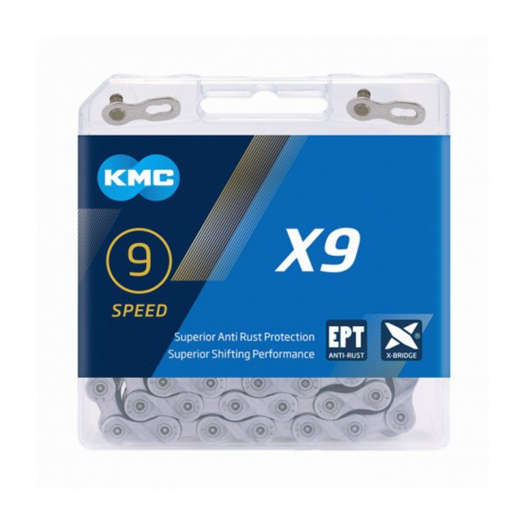 KMC X9 ketting EPT dark silver 1/2x1128, anti-roest, 9-speed.