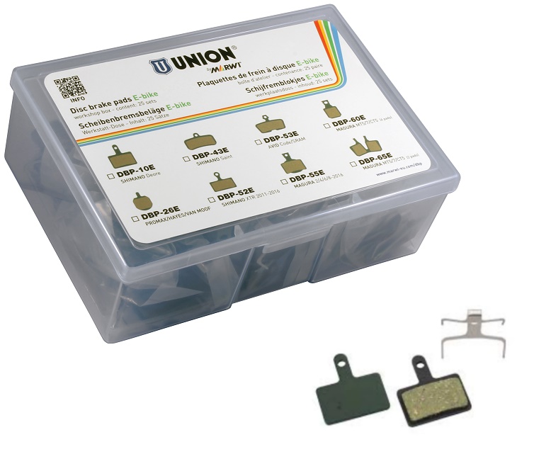 Union DBP-10E Schijfremblokjes Shimano (organisch+Kevlar),  Per 25 paar. Voor E-Bike