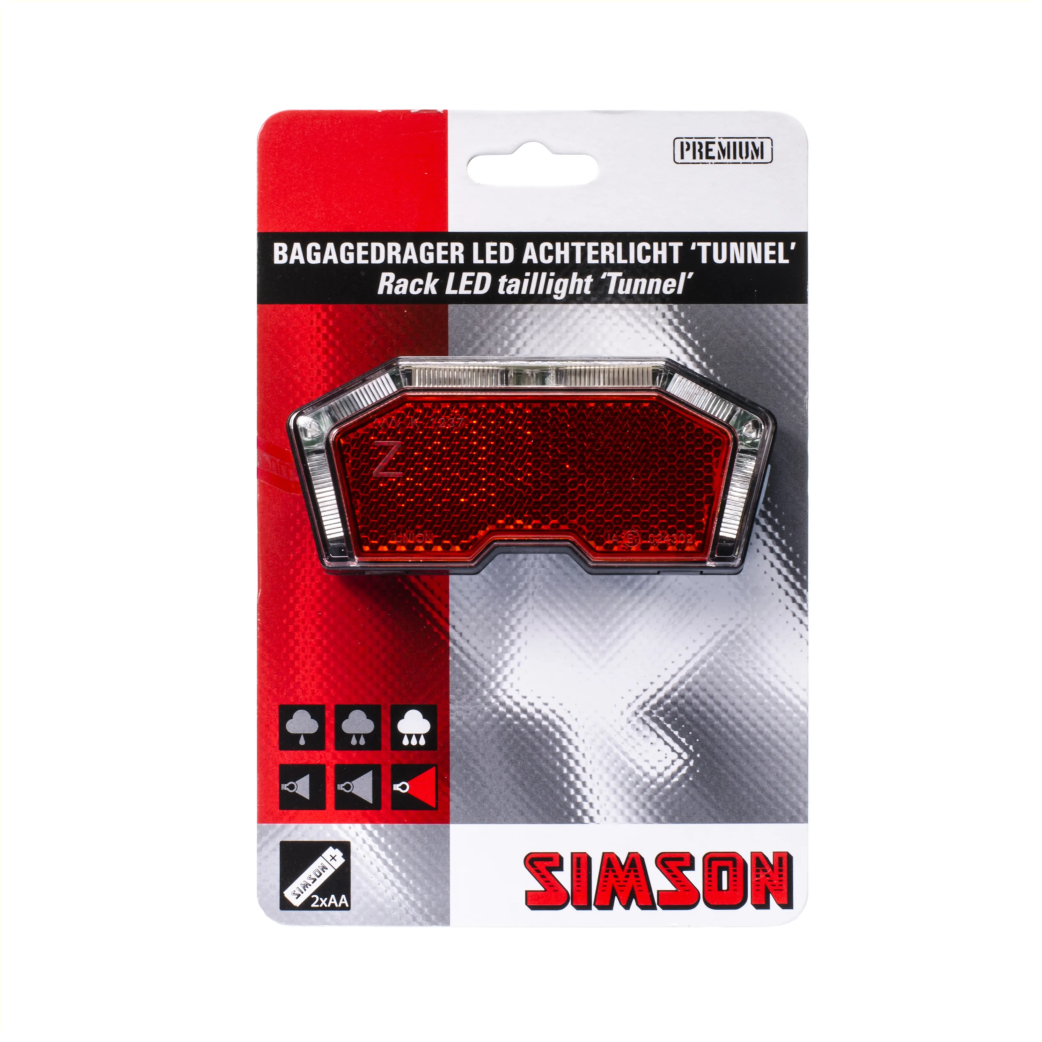 Simson Batterij Bagagedrager achterlicht ''Tunnel'' 3 LED, auto/on/off