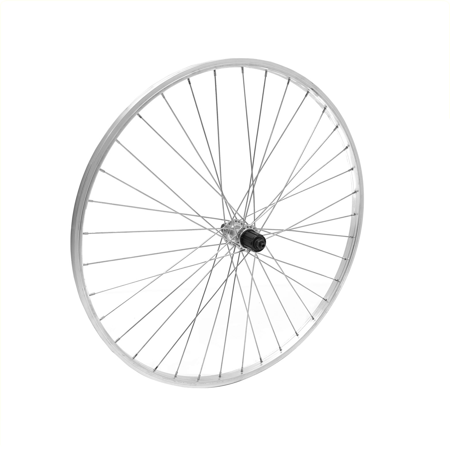 Achterwiel 28x1 5/8x1 3/8 aluminium velg, zilver. Uitval cassette naaf, 7  speed, spaak 13