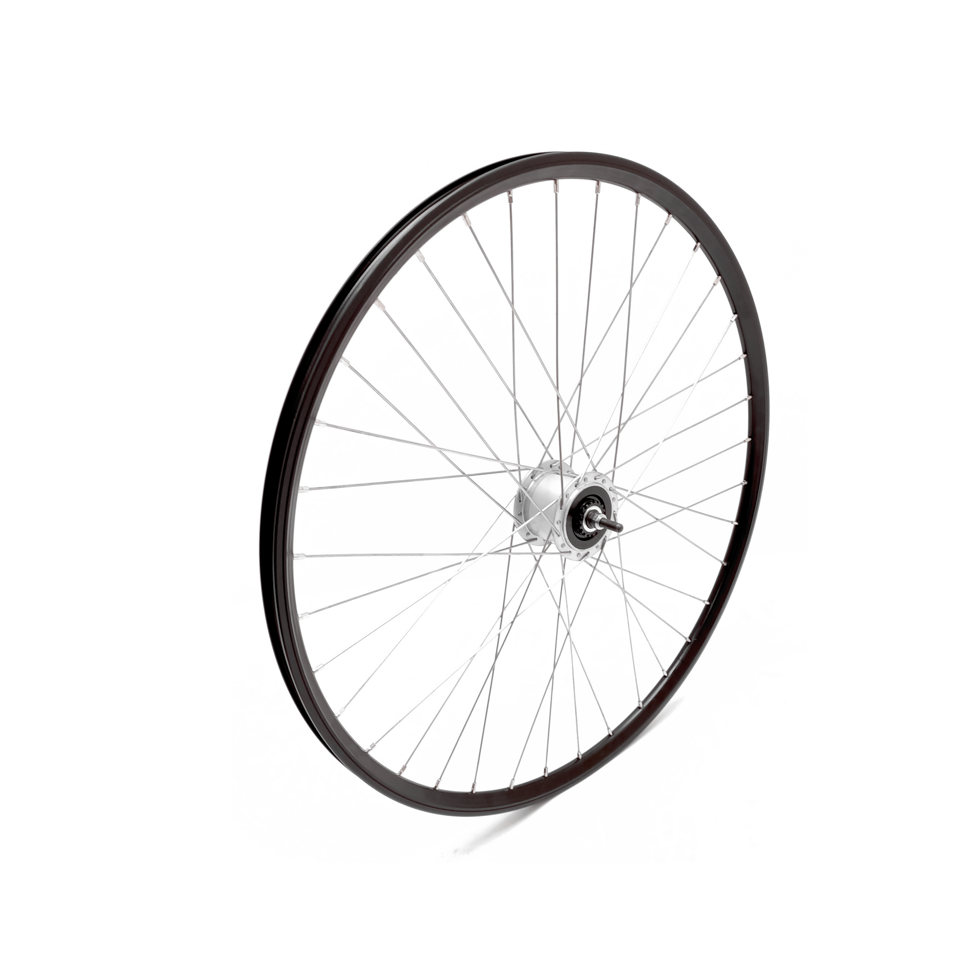 Voorwiel 28x1 5/8x1 3/8 Shimano naafdynamo (voor Rollerbrakes), zwarte alu hoge velg, RVS zwarte spaak